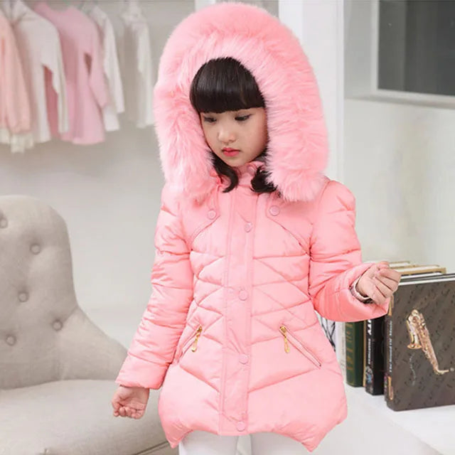 Maxy Kids Cothing Warm Padding Jacket For Girl Long Winter Thicken Parka With Fur Hood Children Outerwear Coats 4 6 8 10Year old