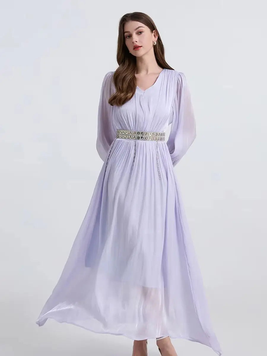 Maxy Solid Beaded Diamonds Ruffle Chiffon Satin Dress for Women‘s V-Neck Long Puff Sleeve Long Maxy Dress Evening Party Robes Femme