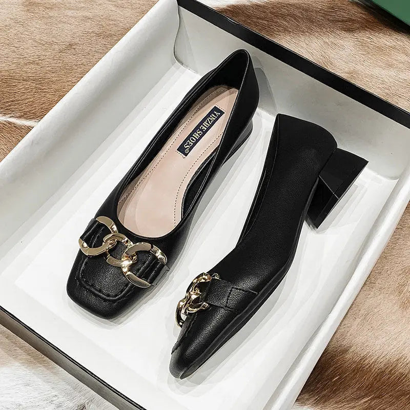 Amay New Women Med Heel Square Toe Pumps Office Lady Shoes Big Gold Metal Chain Soft Soles Slip on Leahter Shoes