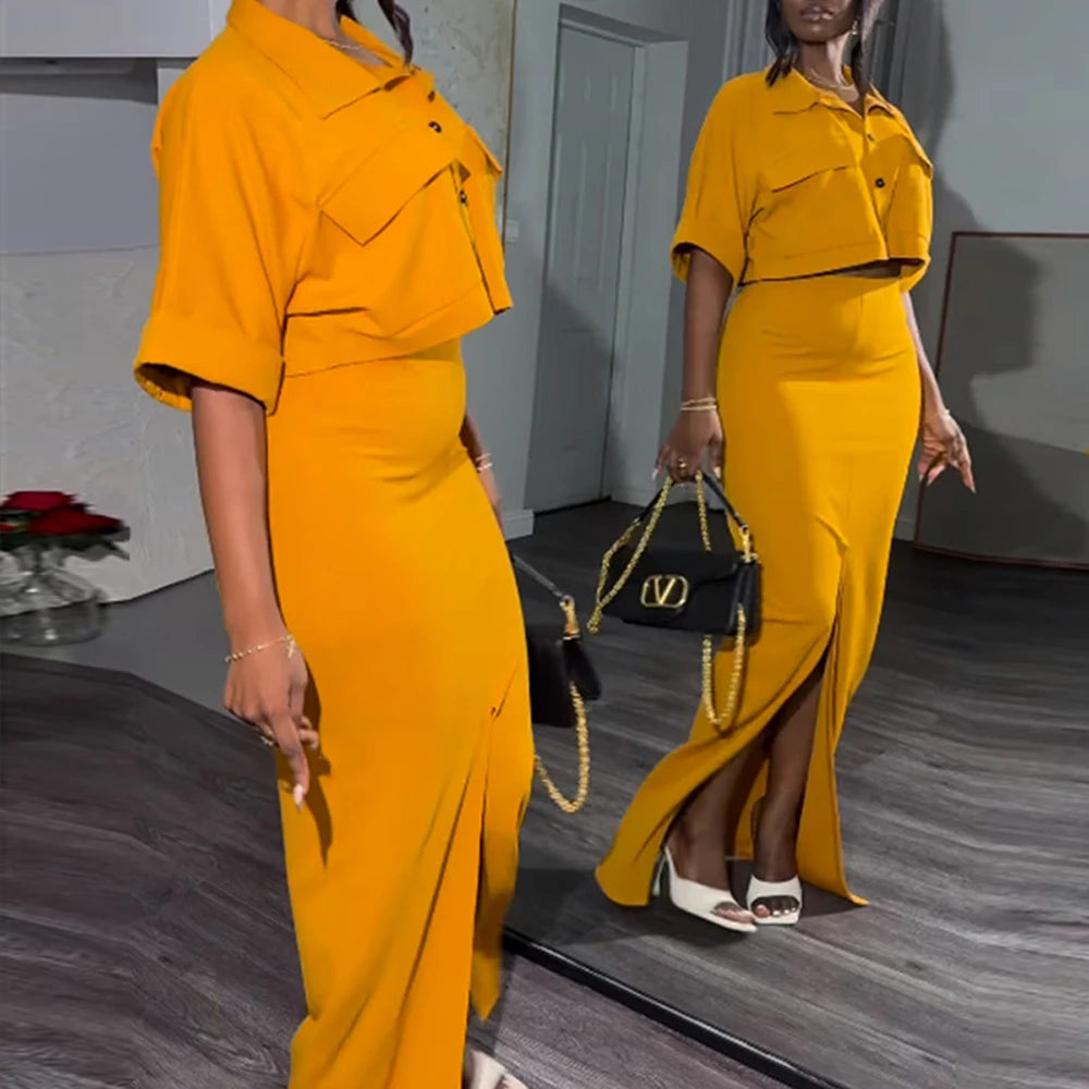 Maxy Latest Design Skirt Set Polo Collar Short Shirt Top and Long Split Skirt Set 2 Two Piece Summer Outfits for Women Elegant