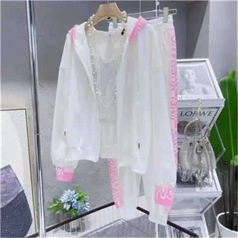 White Suit Women Tracksuit Loose Korean Fashion Pink Diamond Sweatshirt Zipper Cardigan Coat Jacket Casual Pants Two-Piece Sets