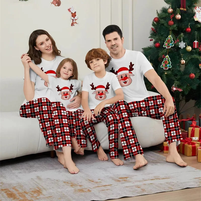 Short Sleeve Christmas Family Matching Outfits Elk Father Mother Kids Pajamas Sets Plaid Daddy Mommy and Me Xmas Clothes 2024