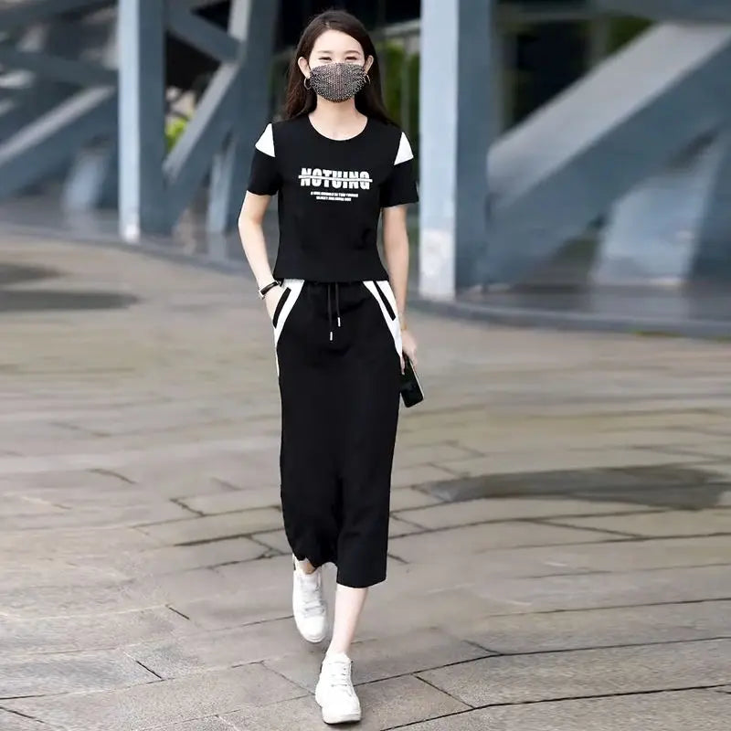 Maxy Skirt Short Sleeve 2 Pieces Sets for Women Kawaii Commuting Woman Outfit Gray Lightly Cooked Printing Midi Cotton Top and Bottom