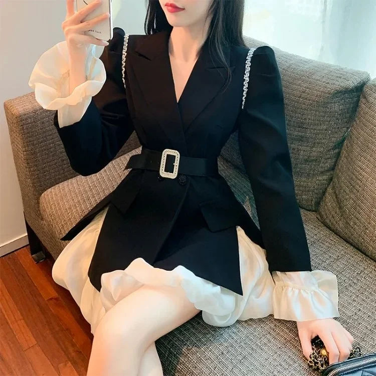 Maxy Elegant Vintage Diamond Slim Fit Long Sleeve Black Coat Women+ High Waist Patchwork Skirts Early Autum New Two Piece Sets