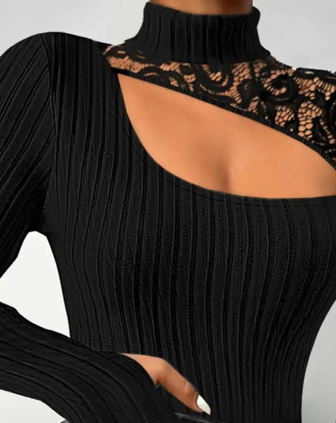 Amay Hollow Lace Patch Standing Collar Ribbed Top Casual New Fashion 2023 Best-Selling Women's Long Sleeves