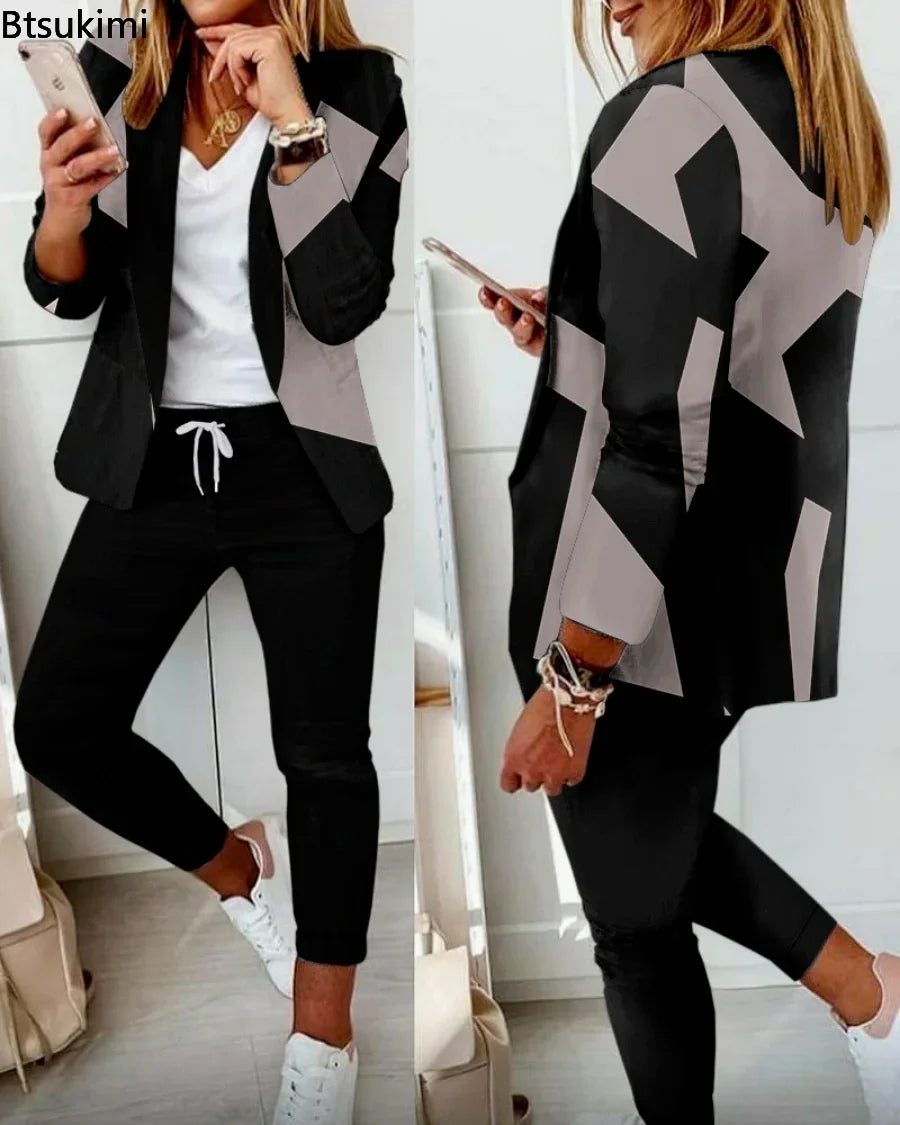 Maxy Spring Autumn Two Piece Sets Women Printted Elegant Blazer & Pants Set Outifits Fashion Tracksuits Casual Elegant Female Sets