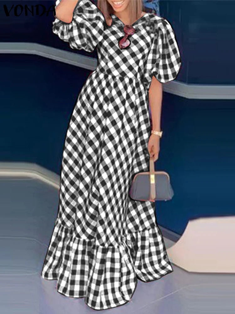 Maxy Plus Size Women Plaid Printing Dress Ruffled Summer Sundress Holiday Bohemian Puff Sleeve Vestidos Casual Party Robe
