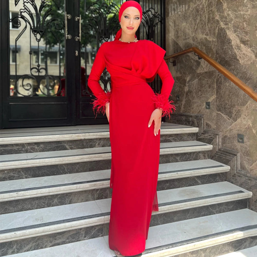 Maxy Chic Muslim Long Sleeves Evening Dress with Pleat and Feathers Straight Women Floor Length Gowns for Wedding Party Guest