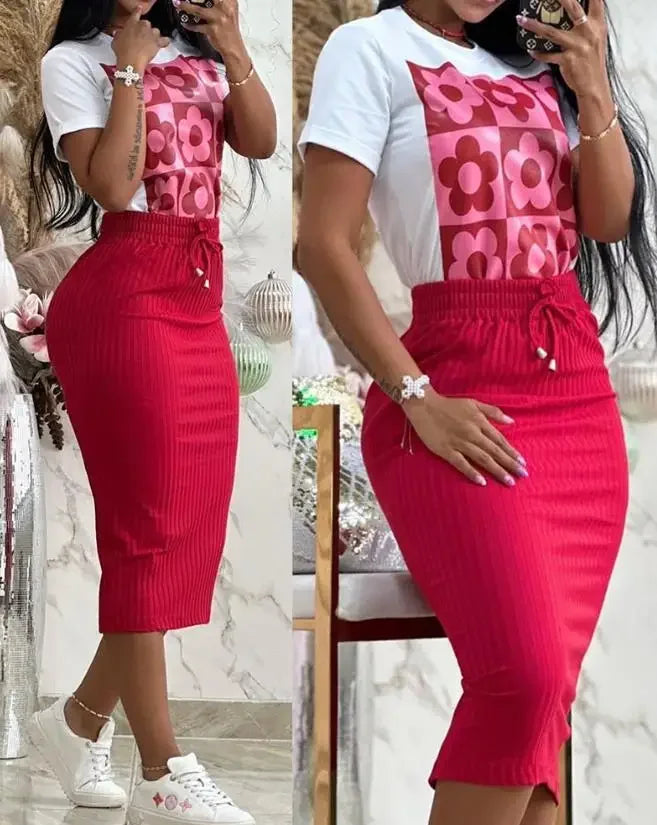 Maxy Women's Floral Graphic Print Top & Drawstring Slit Skirt Set Fashion Summer Clothing Female Casual Outfits Two Piece Suit