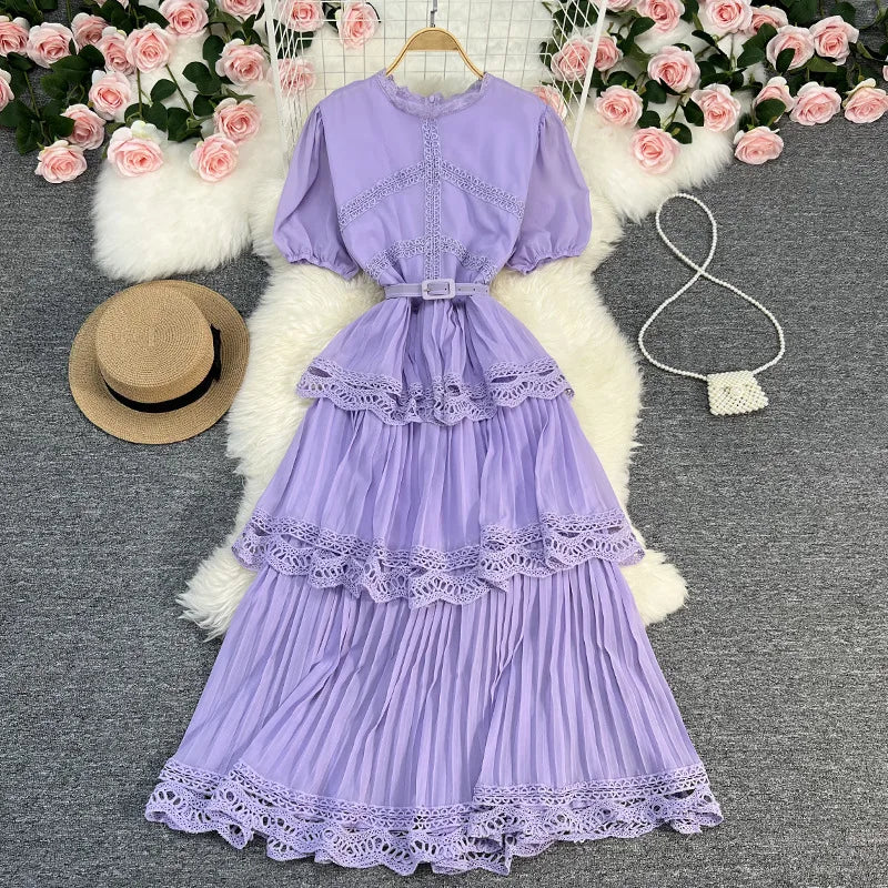 Maxy French dress Summer new high-waisted slimming bubble sleeve chiffon patchwork lace cake dress