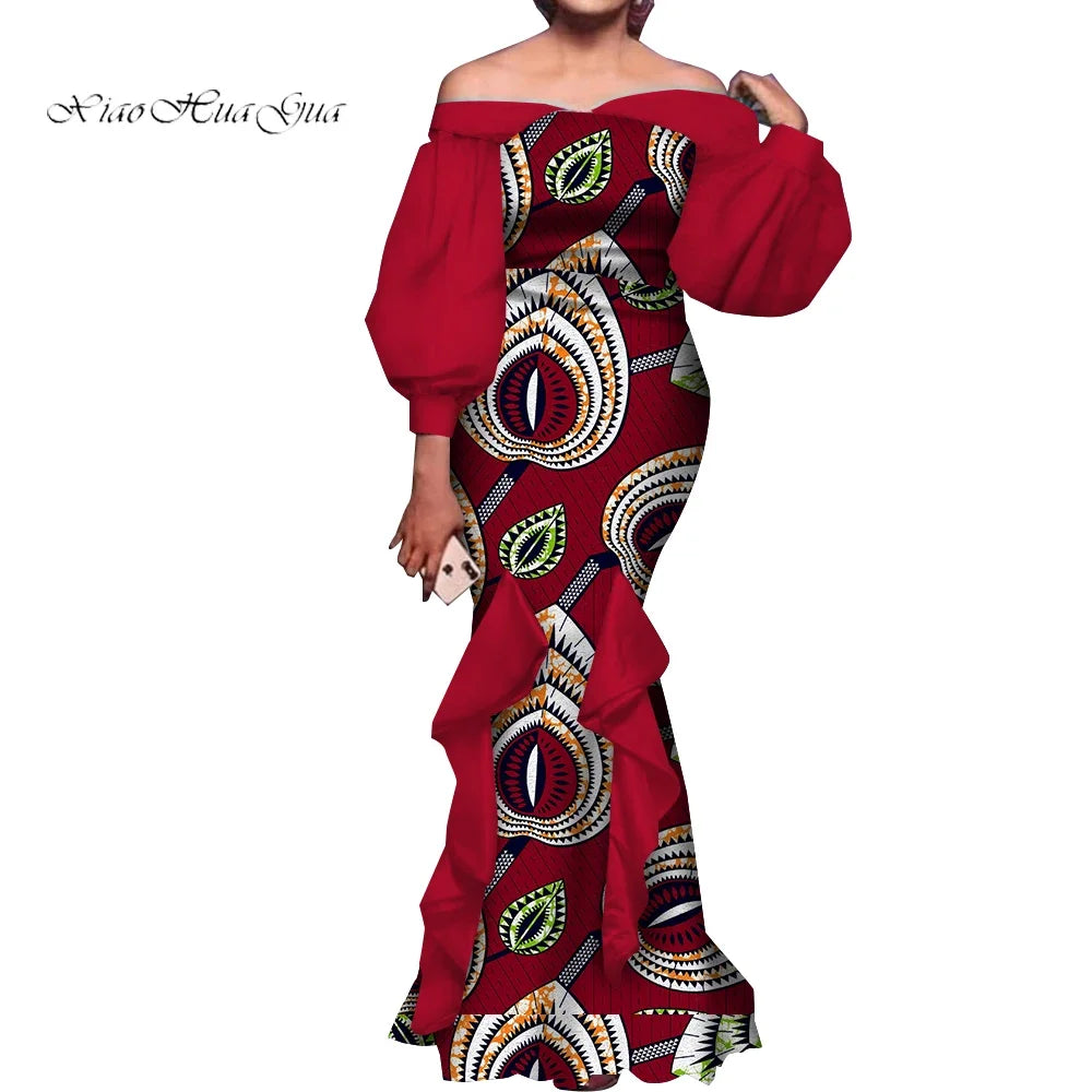 Amay Fashion Women Ankara Dresses Flash Neck Puff Sleeve Long Dress African Dress Robe Africaine Femme Evening Mermaid Dress WY1848