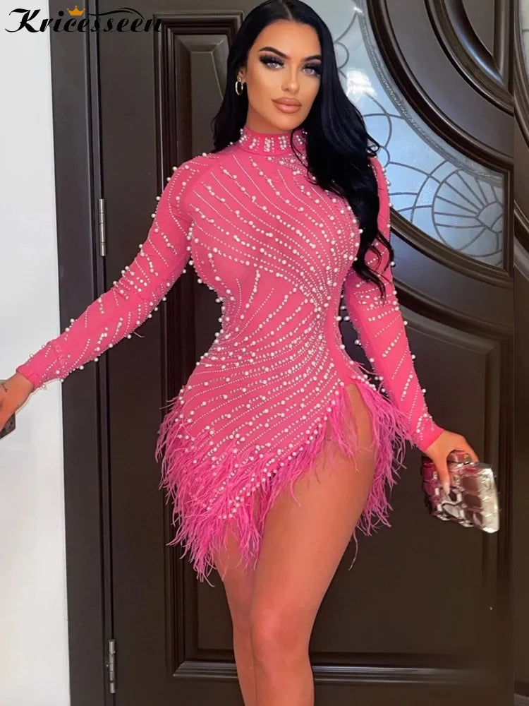 Babs Luxury Rhinestones & Pearls Feather Mini Dress New Spring Women Sheer Mesh Sequins Short Party Dress Birthday Outfits