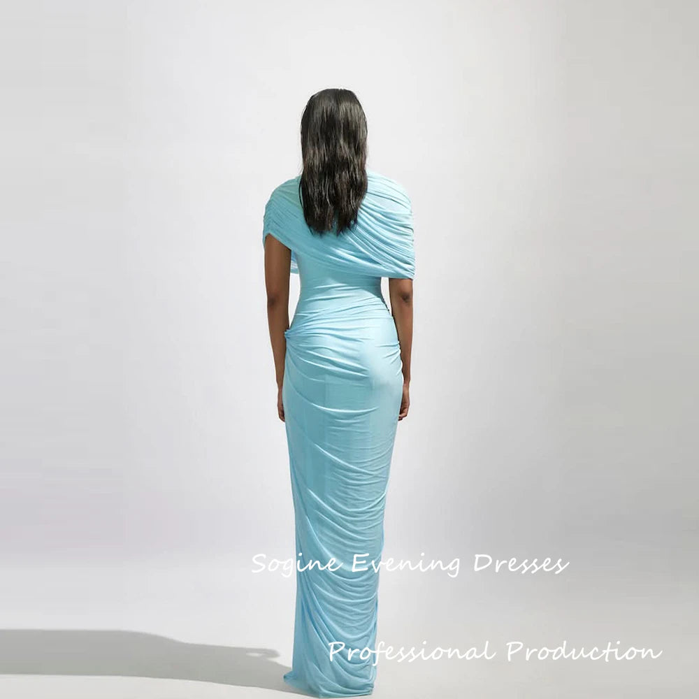 Maxy Sky Blue Evening Dresses Customized Chiffon Sheath/Column Prom Dress High Collar Pleat Cap Sleeve Valentine's Day Long Gown
