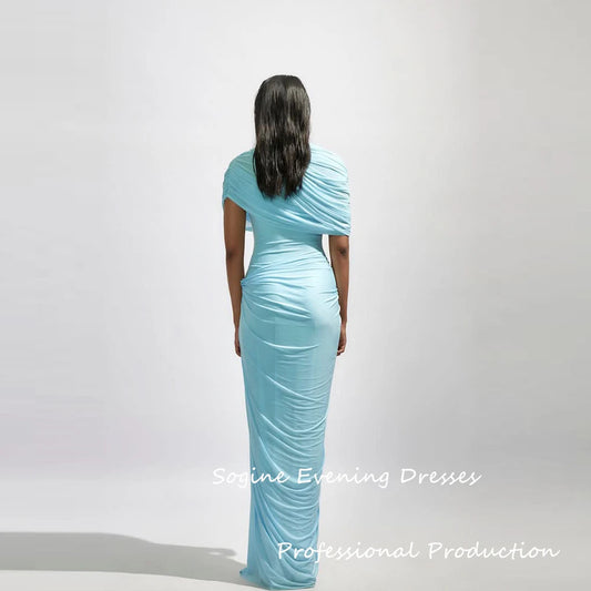 Maxy Sky Blue Evening Dresses Customized Chiffon Sheath/Column Prom Dress High Collar Pleat Cap Sleeve Valentine's Day Long Gown