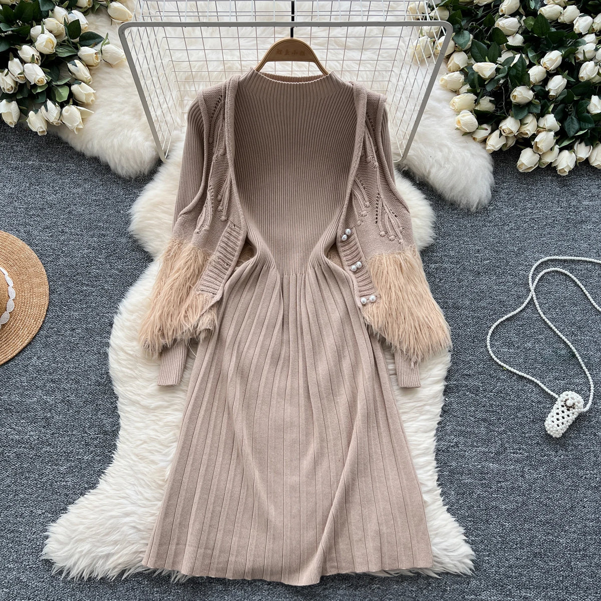Maxy Chic Women Two-Piece Sets Basics O-neck Long Sleeve Knit Dress Slim Open Stitch Pearl Button Vest Elegant Evening Party Clothing