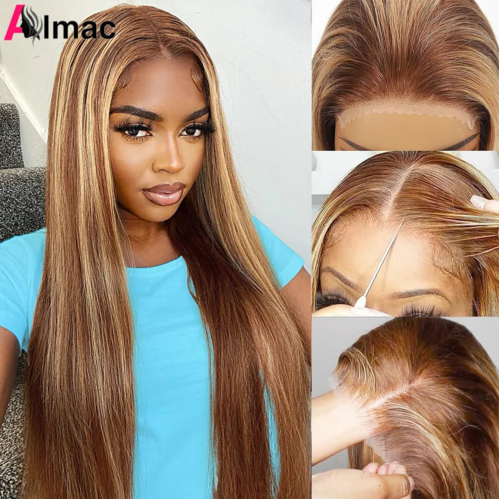 Maxy Pre-Cut Glueless Put and Go Straight Human Hair Wigs for Women P427 Highlight Color Lace Closure Wig Indian Remy Pre-Plucked