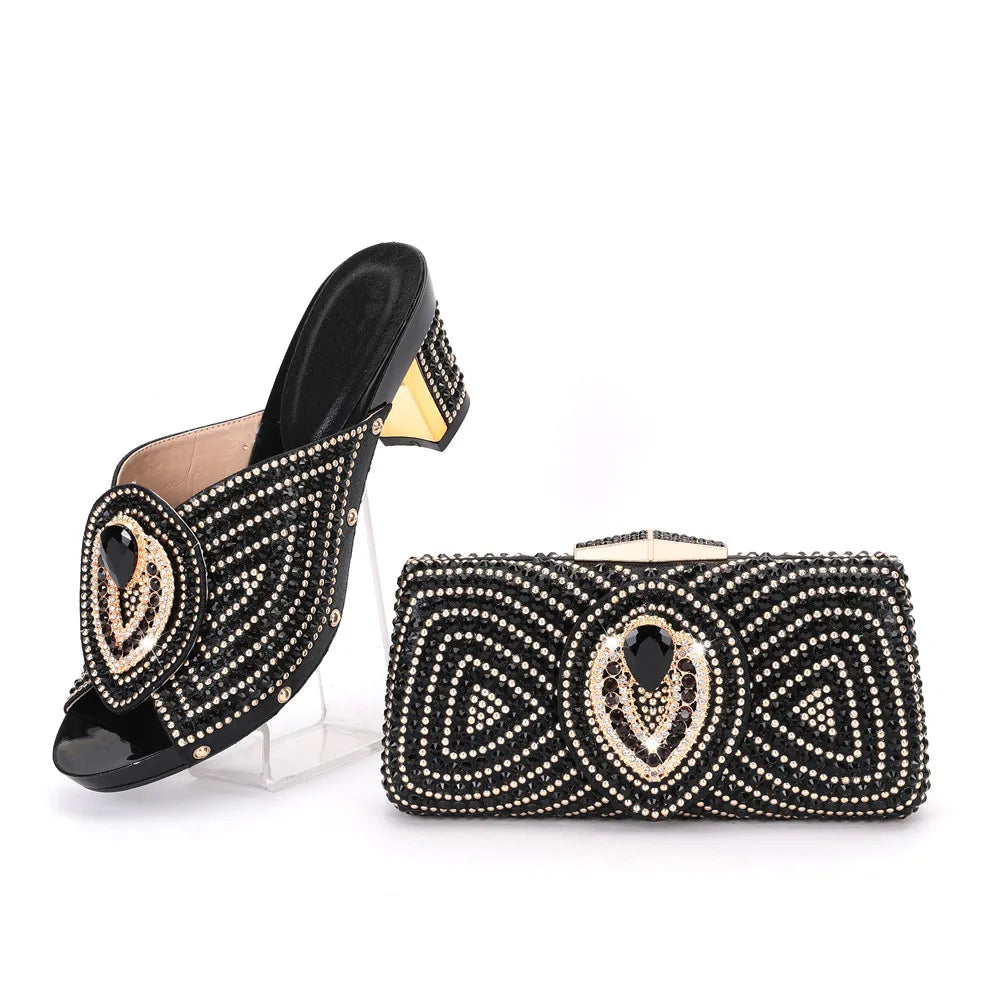 Maxy Style Woman Blue Color Rhinestone Shoes And Bag Set for Party African Fashion High Heels Woman Shoes and Bag Set