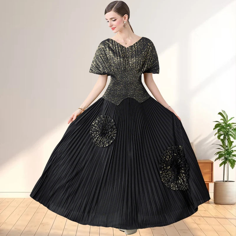 Maxy 2 Piece Women's Suit Elegant Plus Size Pleated Stretchy Glitter Top Skirt Dress Luxury Party Dress Long Prom
