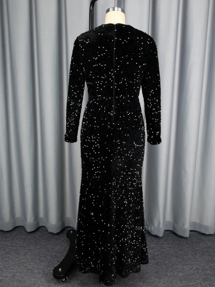 Maxy Plus Size Dresses for Women Elegant Long Sleeve O-neck Black Sequin Party Evening Long Maxy Dresses Gown Outfits