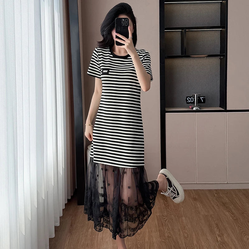 Maxy Elegant Vintage Elegant Spliced Striped Slim Dresses Evening High Street Plus Size Clothing women clothing