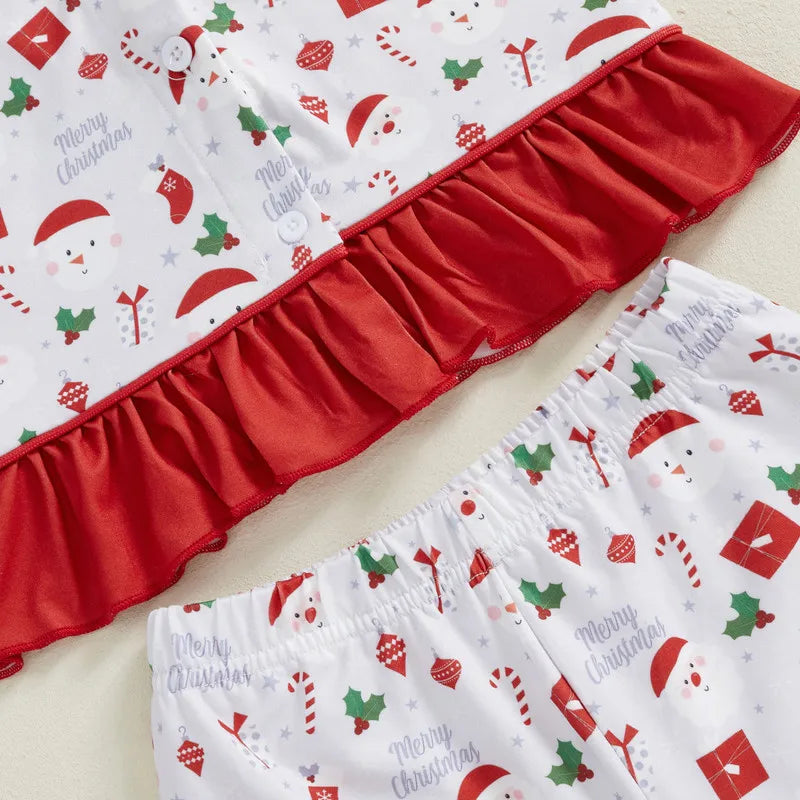 Max 1 to 5 Years Baby Girl Christmas Pajama Sets Long Sleeve Lapel Candy Cane/Santa Claus Print Shirt Pants Sleepwear