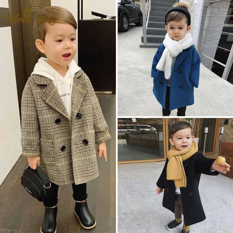 Maxy Boy Girl Woolen Jacket Long Double Breasted Warm Infant Toddler Lapel Tweed Coat Spring Autumn Winter Baby Outwear Clothes