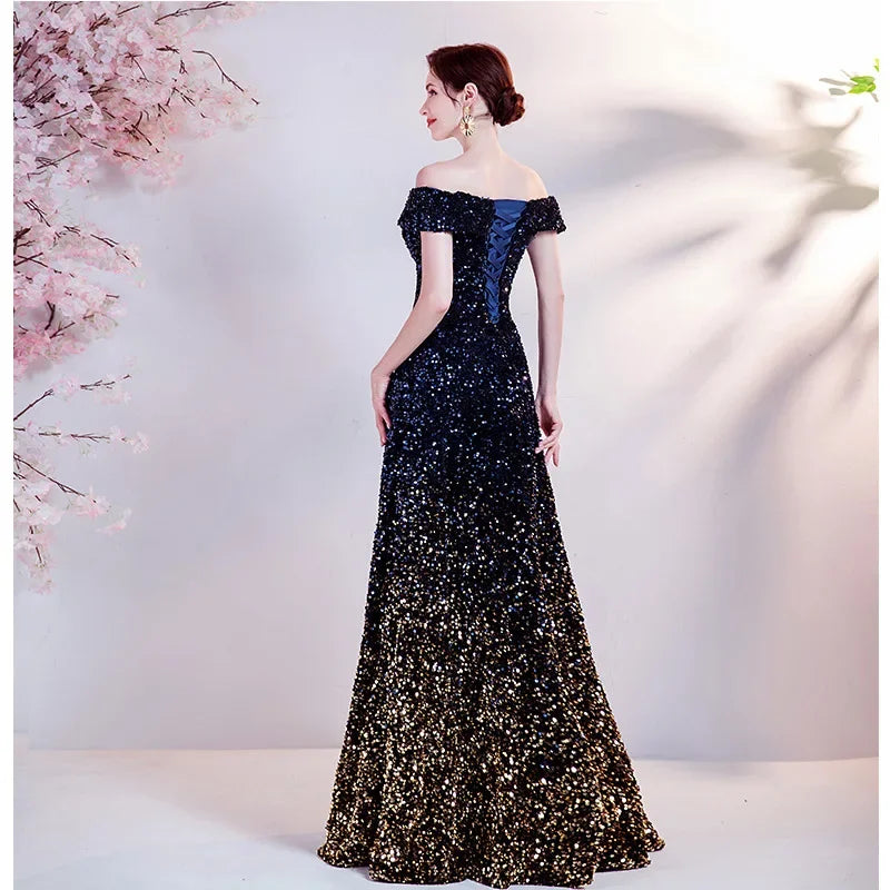 Maxy One Shoulder Evening Gown New Gradient Black Annual Party Stage Performance Host Walking Fish Tail Dress for Women