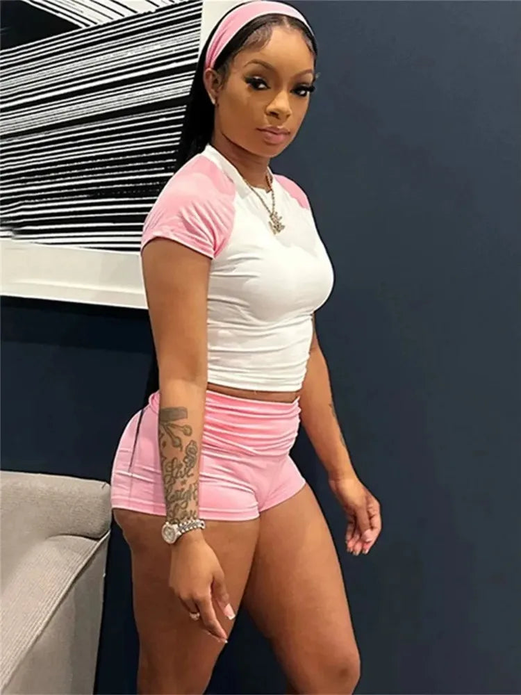 Maxy Sporty Patchwork 3 Piece Set Women Casual Summer Headband Crop Top+High Waist Bike Shorts Street Matching Tracksuit