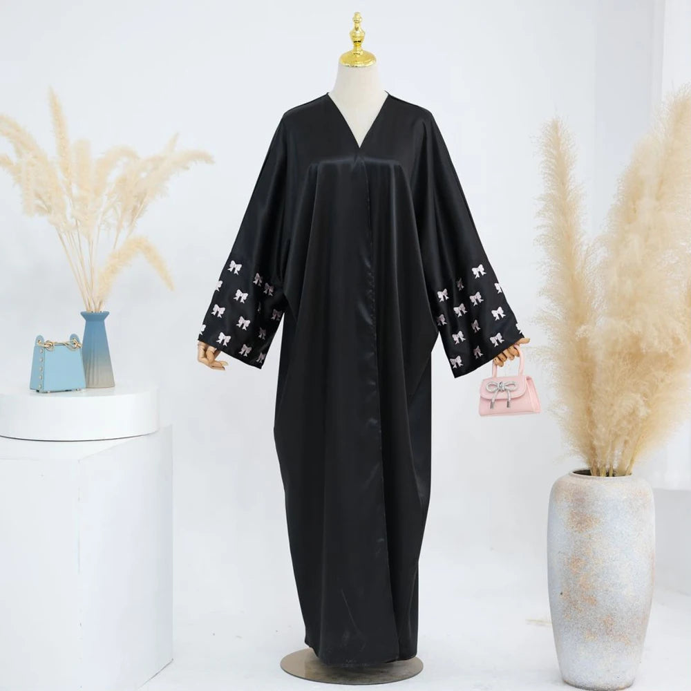 Maxy Butterfly Embroidery Muslim Modest Cardigan for Women Ramadan Saudi Arabia Black Hijab Abaya Islam Turkey Kaftan Robe
