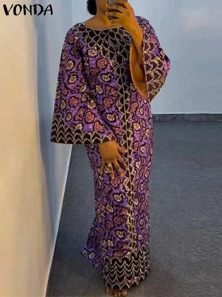 Maxy Elegant Dress Women Bohemian Printing Sundress Vintage Flare Long Sleeve Maxy Oversized O-Neck Robe Femme