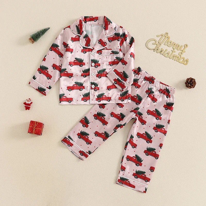 Toddler Christmas Pajamas Long Sleeve Red Truck/Tree Print Shirt and Pants Set Fall Winter Baby 2 Pieces Loungewear for 1Y to 5Y