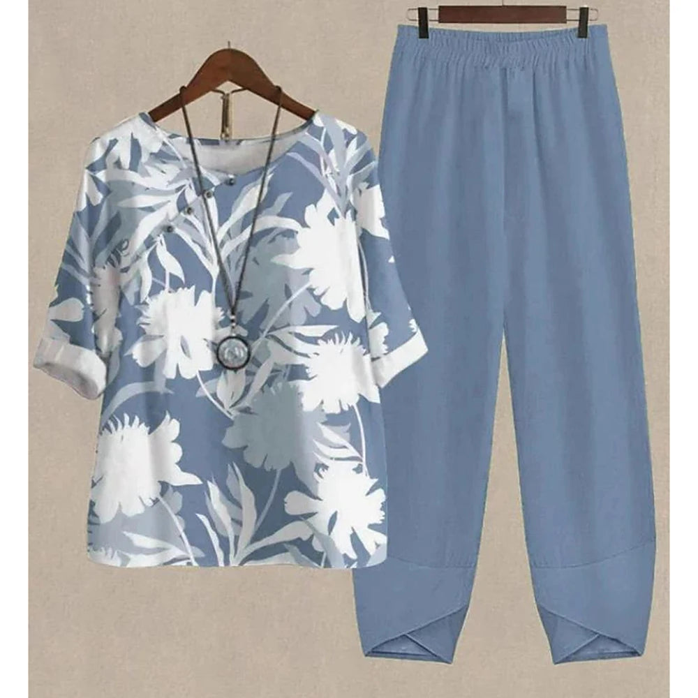 Maxy Leaf Printing Women O Neck Short Sleeve Suit Elegant High Waist Pants Fashion Top&Pants Set Casual Outfits Two Piece Sets Summer