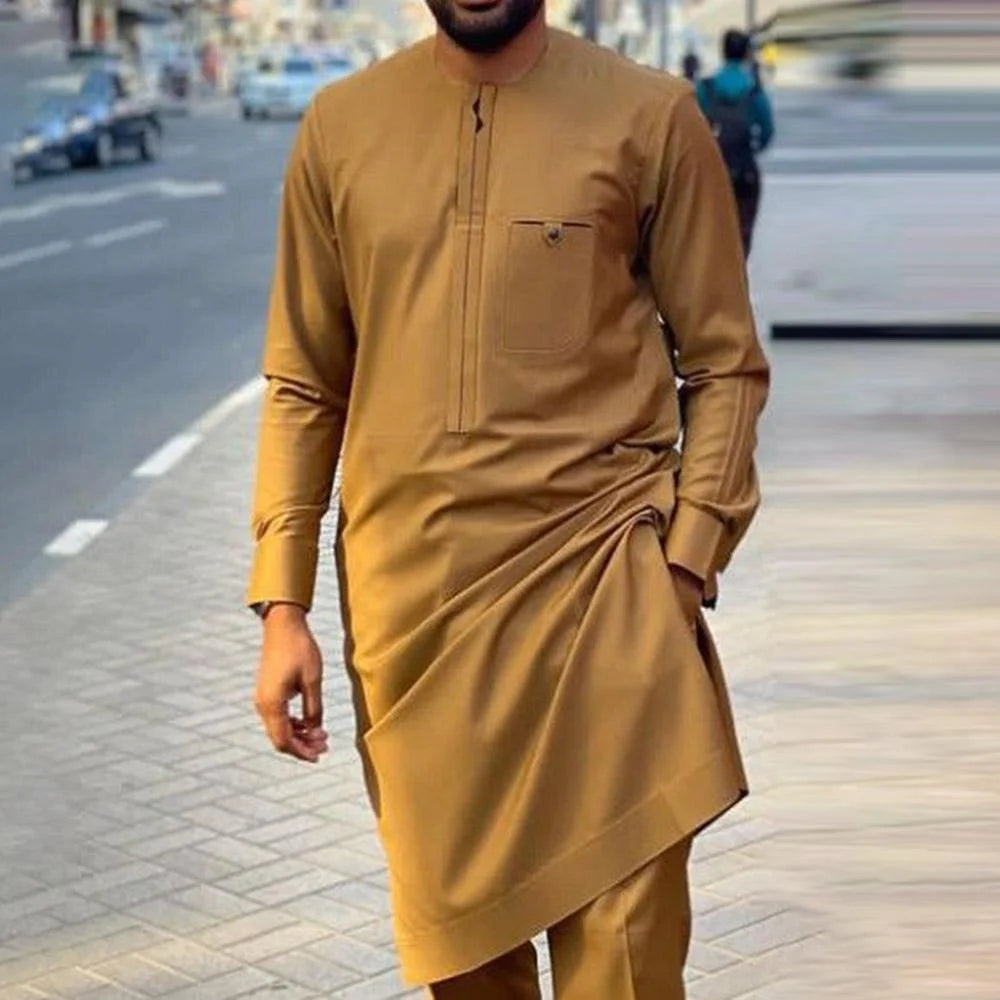 Amay New Kaunda Men's Set Fashionable and Elegant Men's Wedding Set Round Neck Long Sleeve Embroidered Men's Full Set Suit