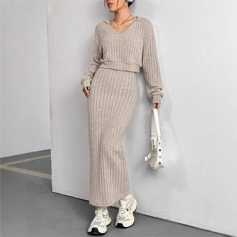 Maxy Women's New Fashion Suit Fall Winter Hooded Shawl Long-sleeve Sweatshirt Vest Short Skirt Slim Two-piece Set Suit Women Clothing