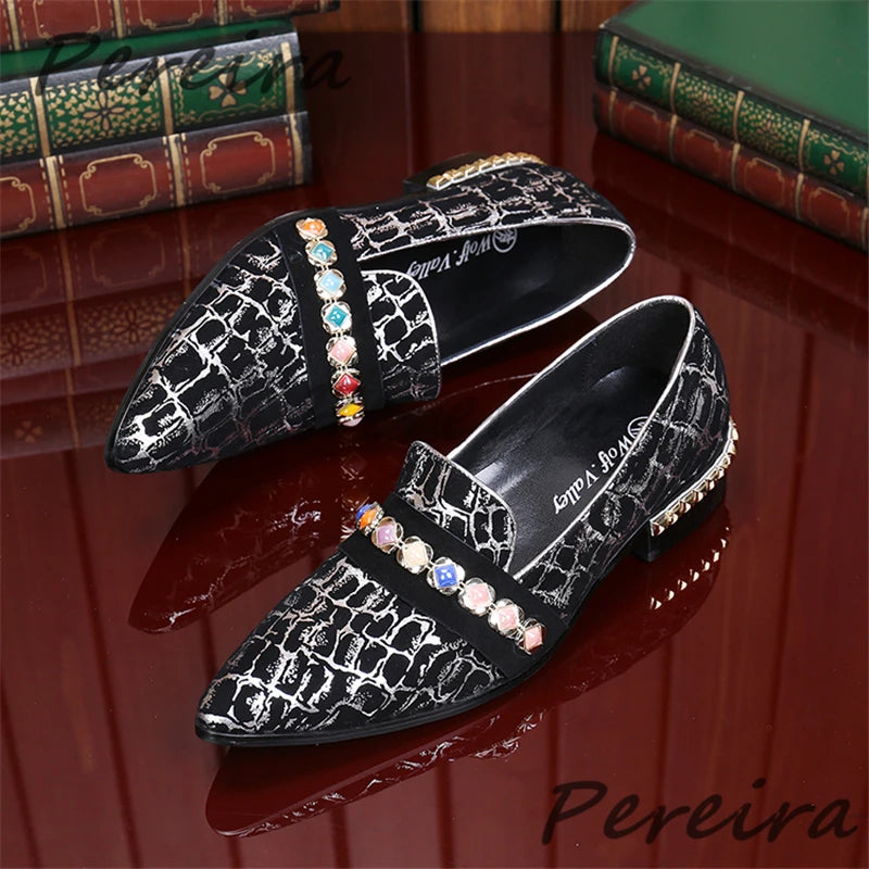 Visco Genuine Leather Snake Patterned Men Shoes Fashion Rhinestone Strap Metal Decor Loafers Pointy Toe Med Heel Casual Business Shoes