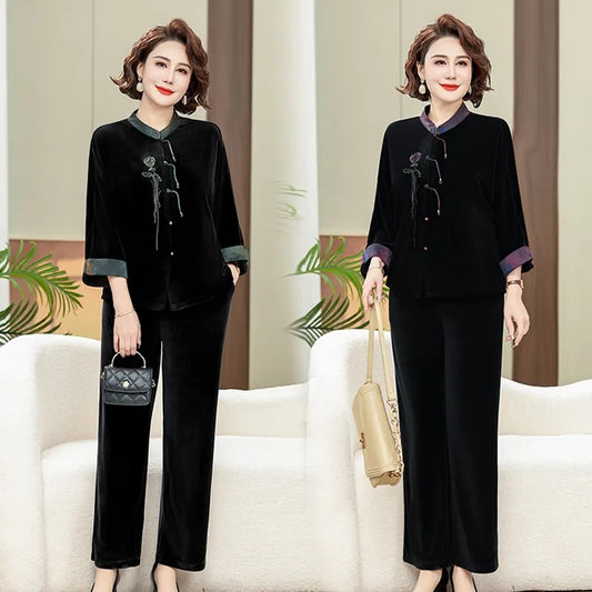 Mother Spring Autumn New Gold Velvet Tracksuit Sets Large Size Vintage Ethnic Style 2PCS Middle Aged Women Sportwear Suits