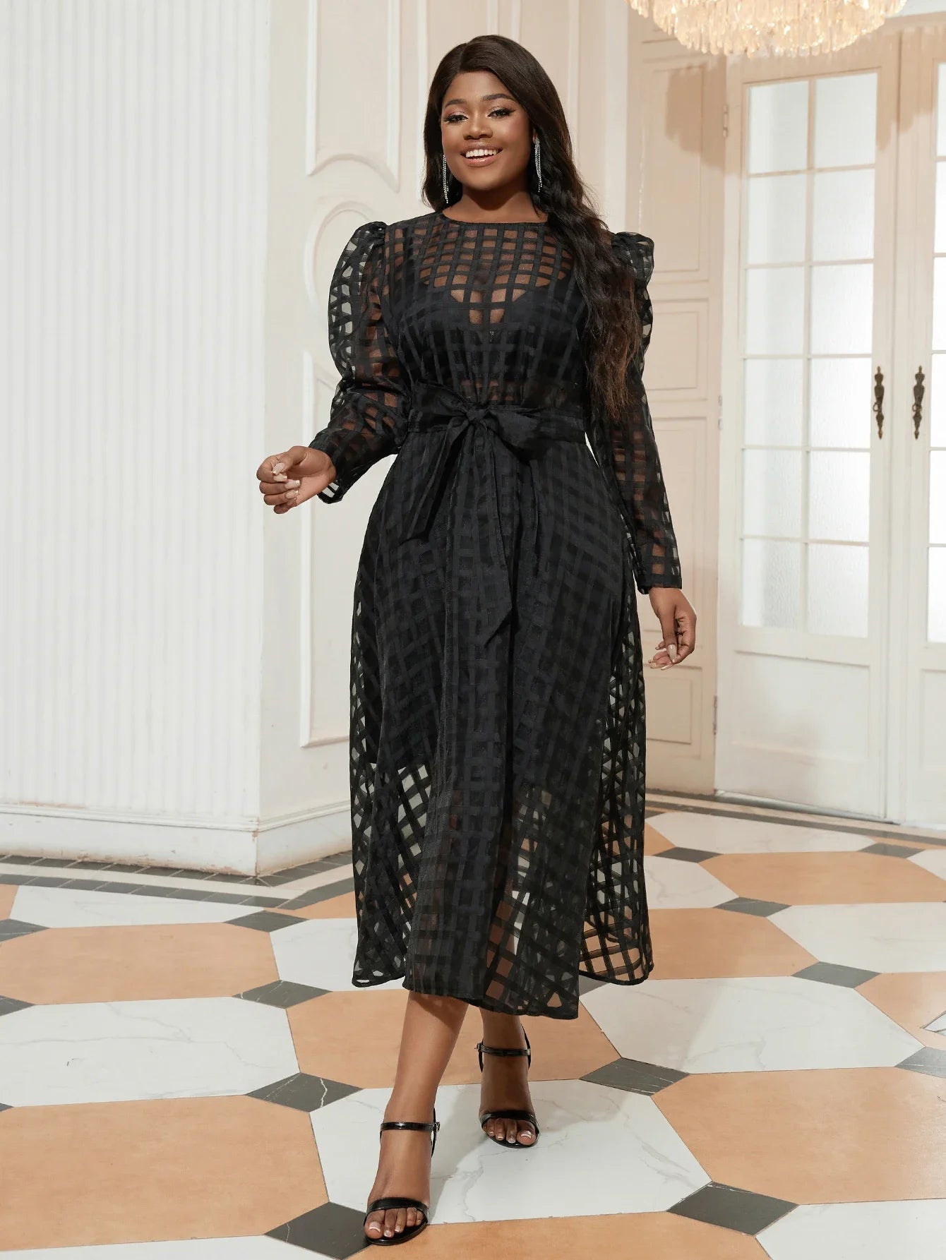 Women Black See Through Plaid A-Line Dress Long Sleeve With Lace Up Layered Lining Elegant Evening Party Gown Plus Size 2024 New