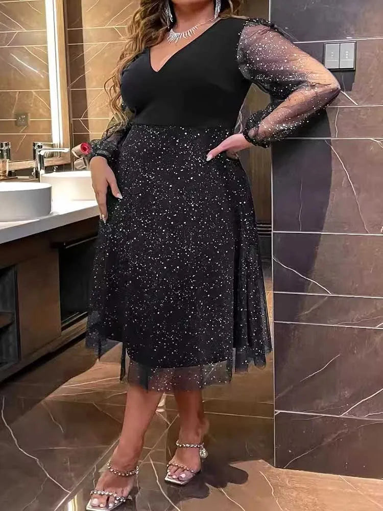 Maxy Plus Size Evening Dresses Woman Luxury High Waist Evening Black Dress V Neck Elegant Shiny Dance Dress