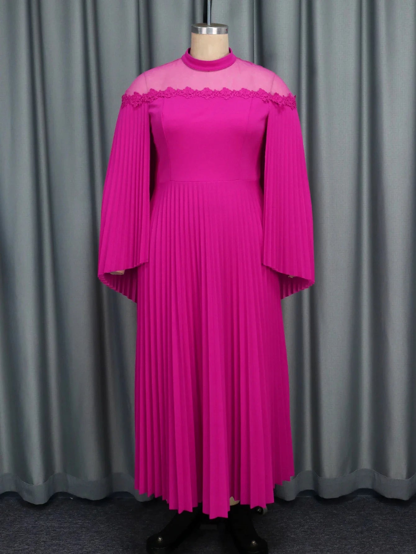 Pleated Dresses for Women Half High Collar Long Cloak Sleeves Mesh Patchwork Fashion Streetwear Elegant Evening Party Maxi Gowns