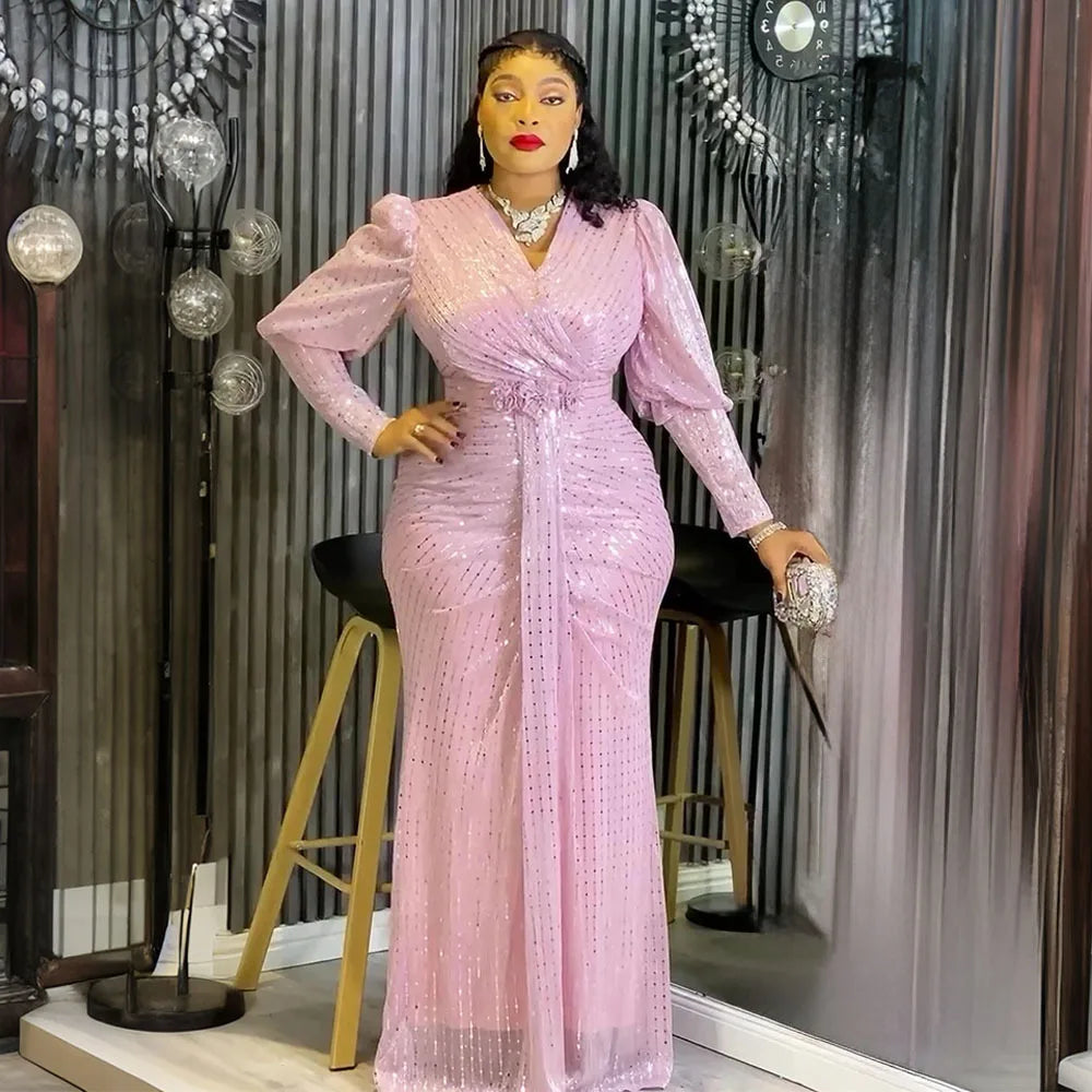 Amay Party Dresses for Woman Clothing Plus Size Dashiki Sequin Pink Robe Elegant Turkey Muslim Wedding Evening Gown