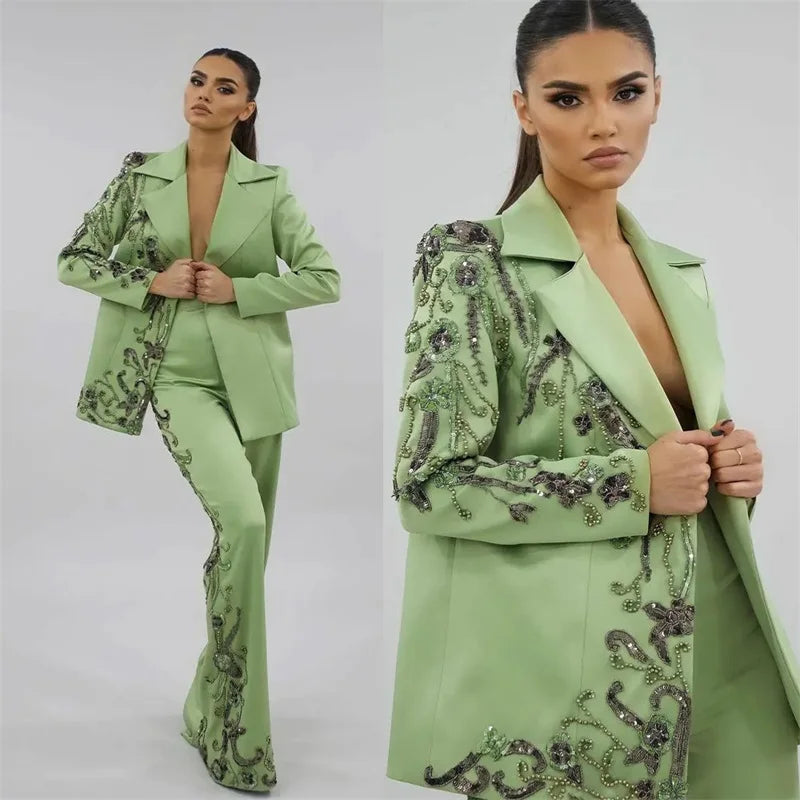 Maxy Designer Green Satin Women Suits Set Luxury Bead Applique Formal Wedding Evening Prom Dress 2 Pieces Blazer+Pants Customized