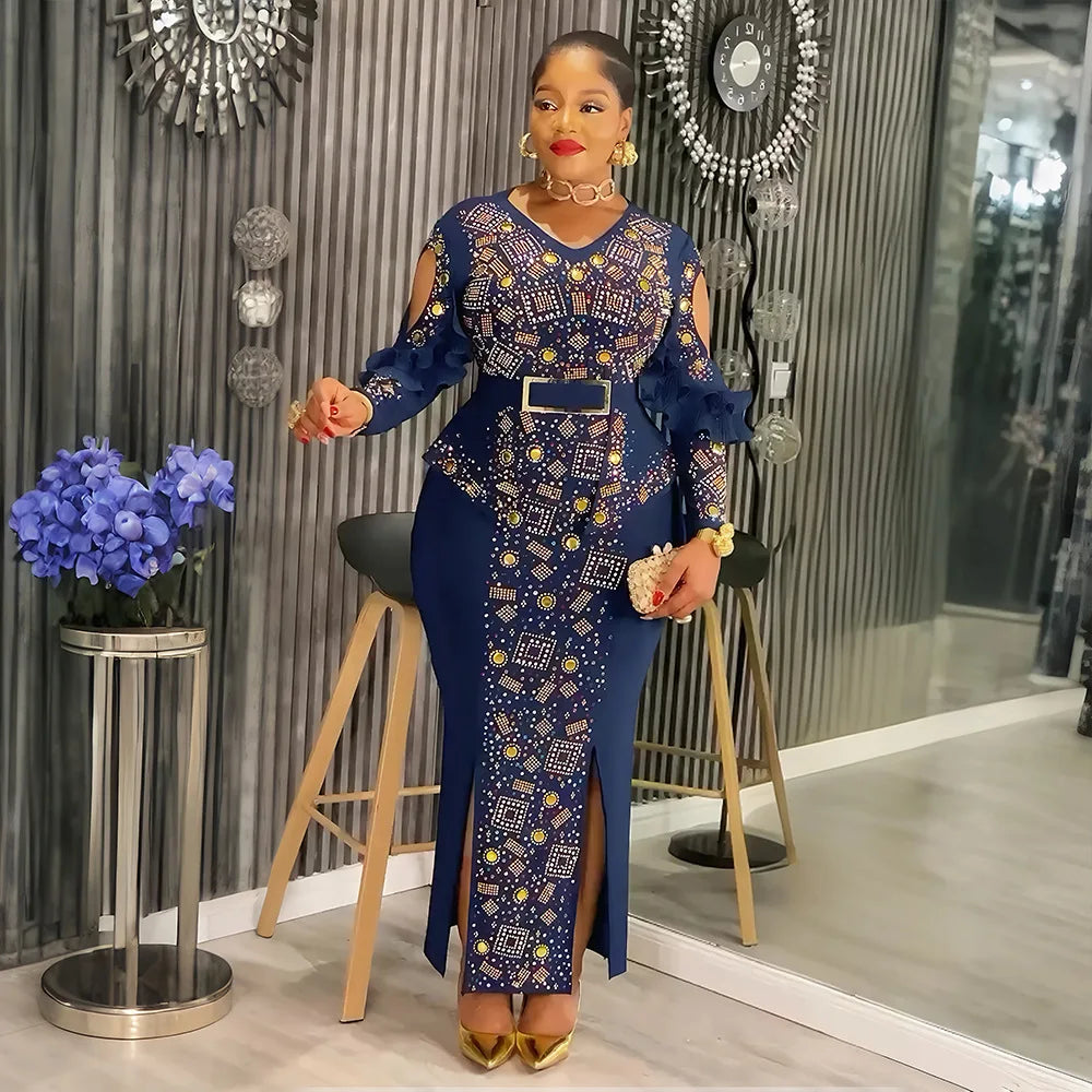 Maxy Luxury African Evening Dresses for Women Plus Size Wedding Party Gown Ankara Dashiki Beads Africa Clothing Turkey Outfits Robe