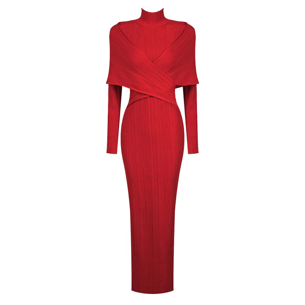 Maxy Women's Party Dresses Luxury Winter New Red Bandage Long Dress Turtle Neck Cross Design Knitted Slim Fit Evening Gown