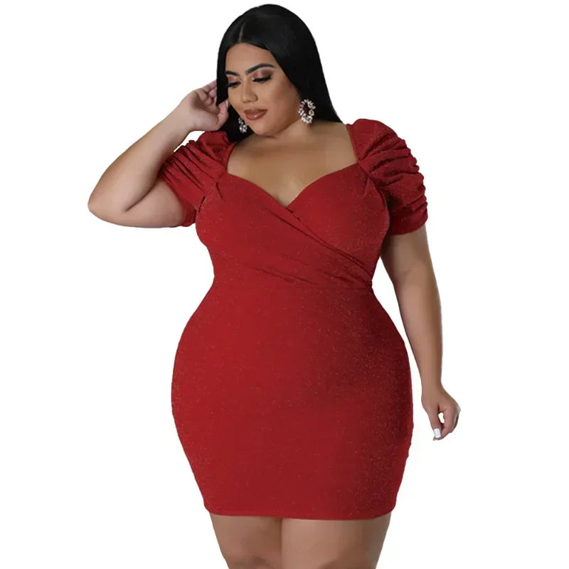 KEXU Sexy Glitter Plus Size Dresses Ruched Short Sleeve V Neck Slim Elegant Lady Party Dress Large Size Women's Evening Dress
