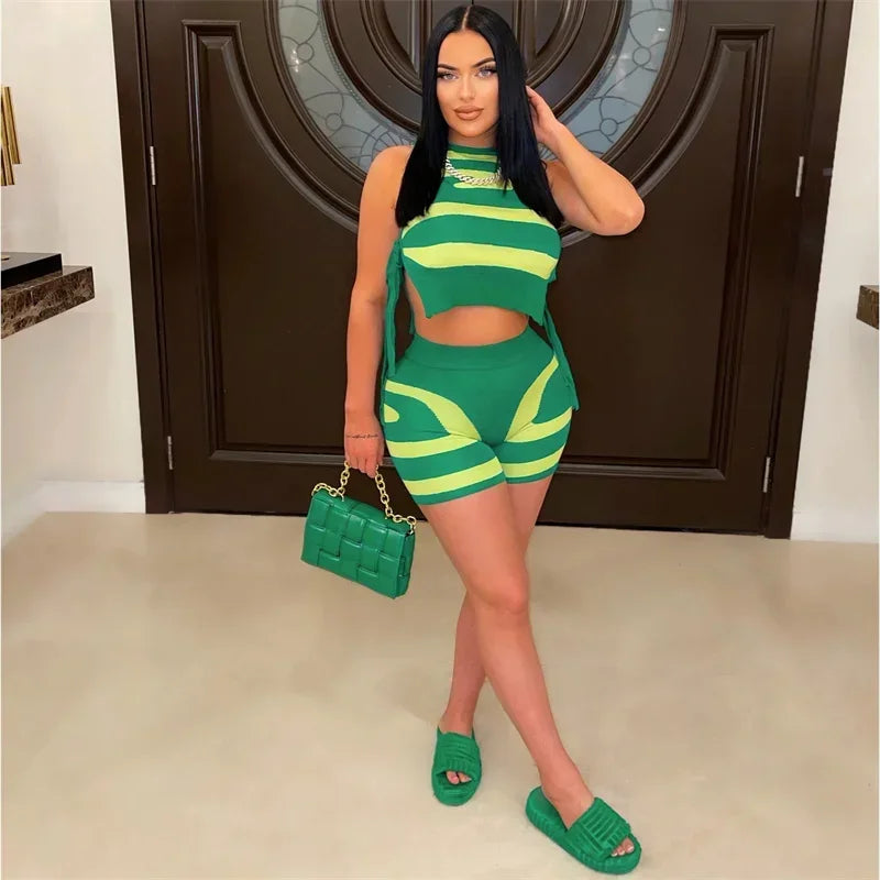 Maxy Striped Printing Two Piece Set Women Party Birthday Outfits Sportwear Side Lace-up Crop Top and Shorts Casual Fitness Tracksuit