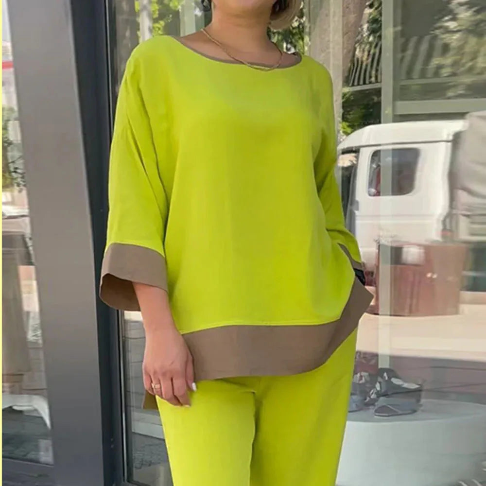 Maxy 2 Pcs/Set Women Top Pants Suit Three Quarter Sleeves Round Neck T-shirt High Wide Leg Trousers Casual Loose Blouse Pants Set
