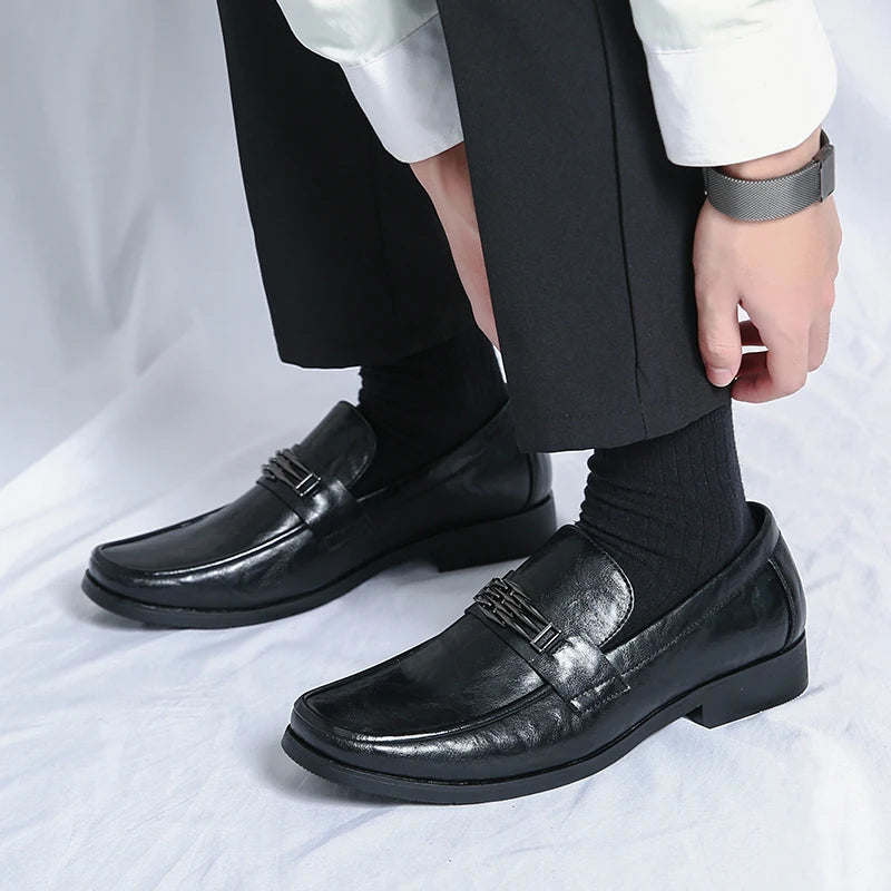 Amay Italian High-end Leather Slip-on Shoes Mens Business Dress Round Head British Slip-On Formal Casual Loafer Oxford Shoes Wedding