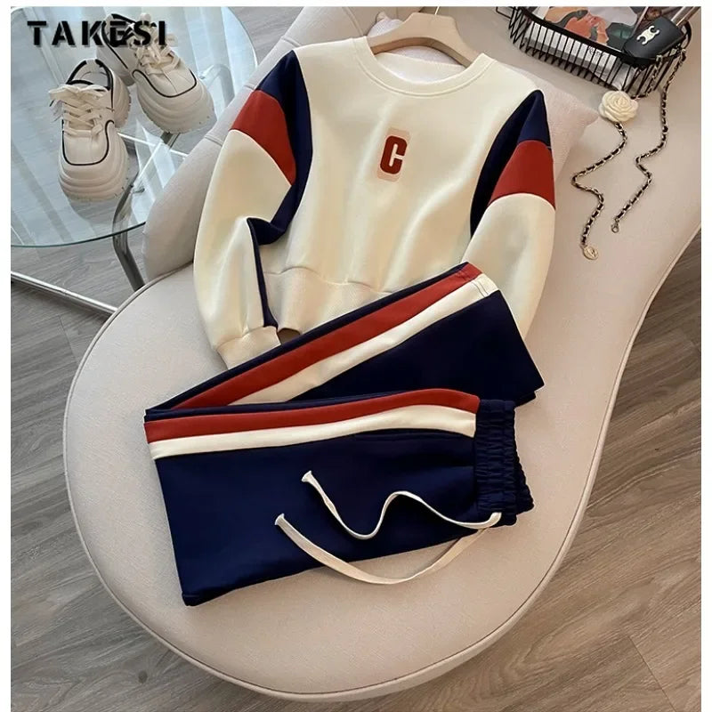 Maxy Fashion Casual Sporty Two-piece Set Women Letter Print O-neck Sweatshirt + Drawstring Trousers Sets Sports Pants Suits