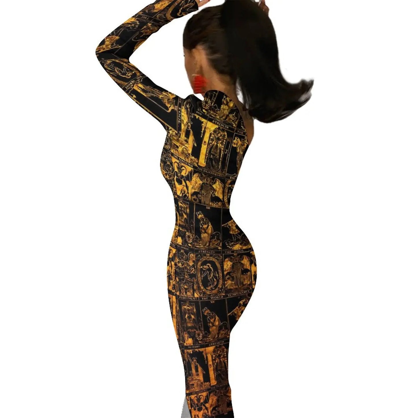 Maxy Gold And Black Tarot Bodycon Dress Women's Major Arcana Night Club Maxy Dress Long Sleeve Party Custom Dresses Birthday Present