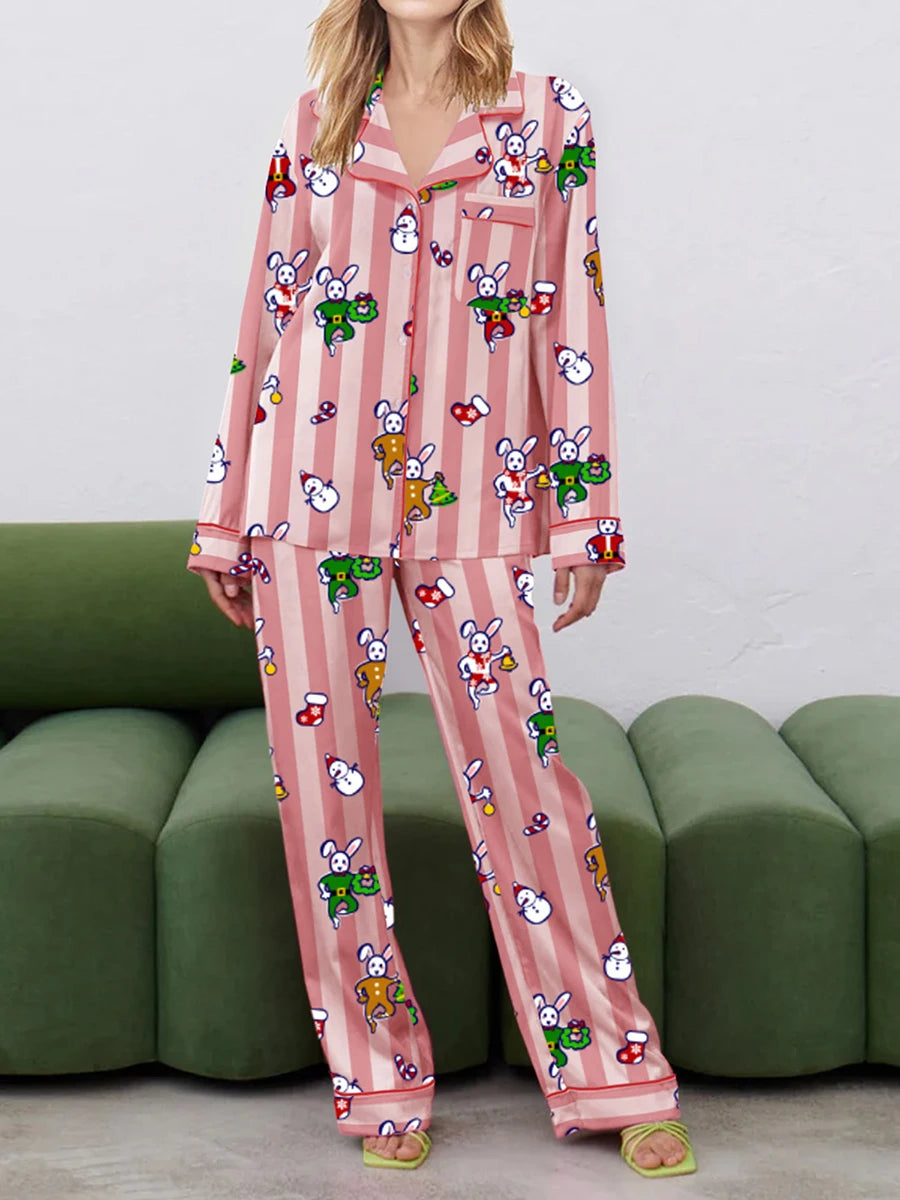 Women's Christmas Loungewear Set Snowman Print Long Sleeve Lapel Button Shirt with Long Pants Sleepwear